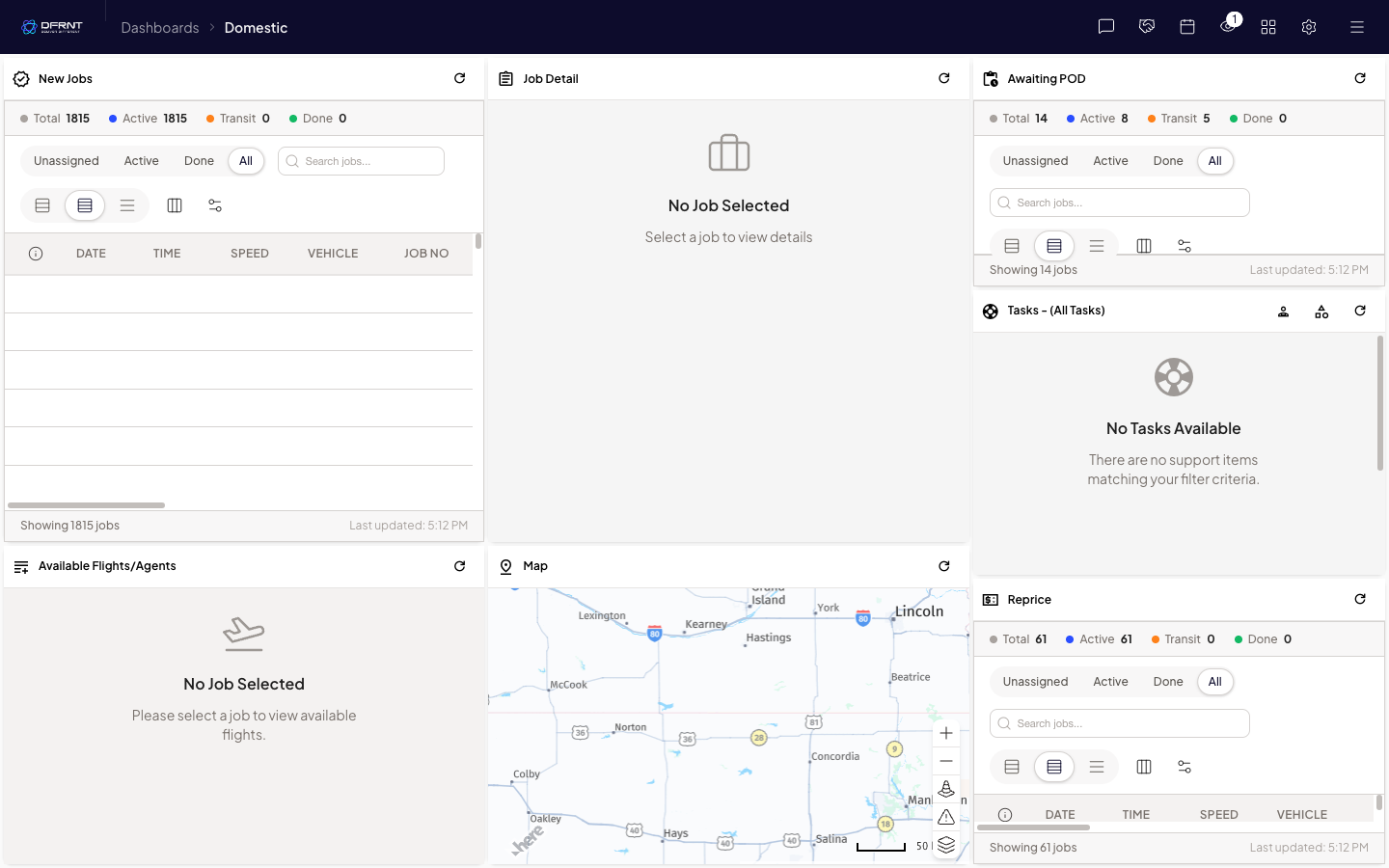 The Domestic dashboard — New Jobs, Job Detail, Awaiting POD, Tasks, Available Flights/Agents, Map and Reprice